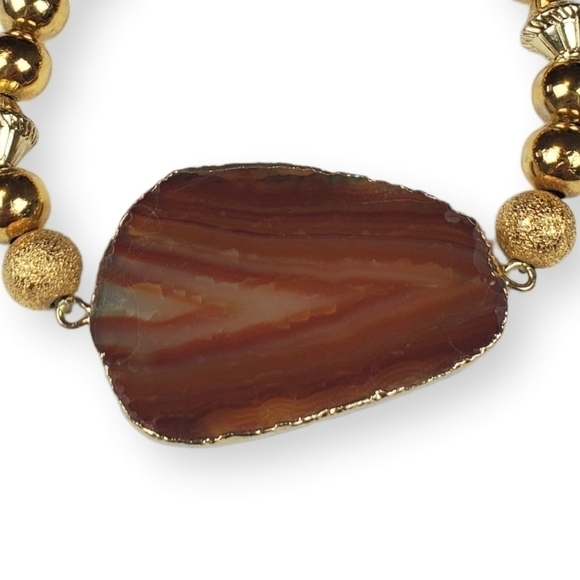 Agate Slice Beaded Bracelet Red Brown Banded Natural Stone Gold Gilt Stretch 7" - Picture 2 of 6